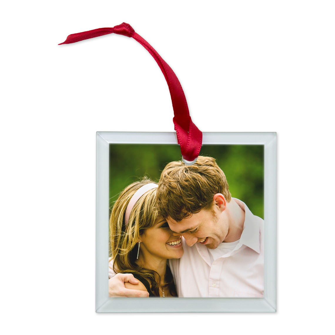 Glass Square Photo Ornament, Gifts, 3.3x3.3, Red, Woodgrained Monogram , CVS